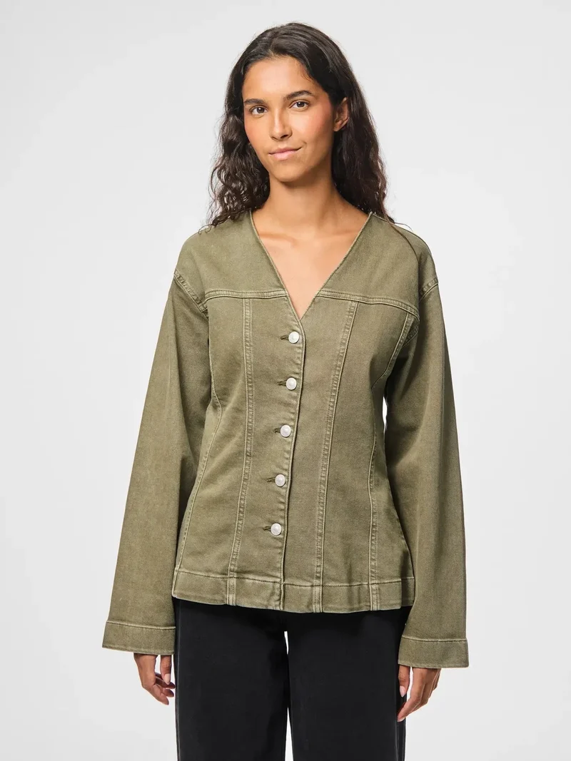 Pieces - Pcsilke Ls Col Denim Shirt - 5003563 Military Olive