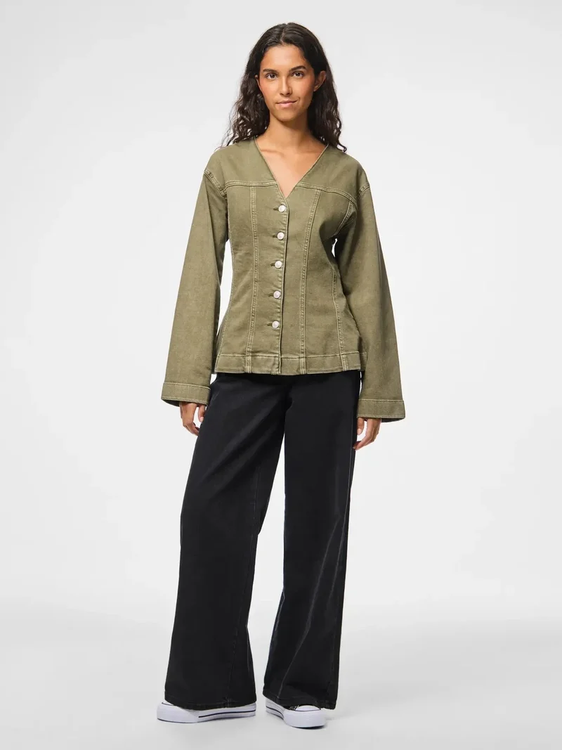 Pieces - Pcsilke Ls Col Denim Shirt - 5003563 Military Olive