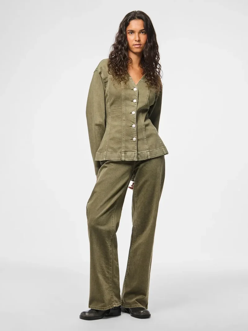 Pieces - Pcsilke Ls Col Denim Shirt - 5003563 Military Olive