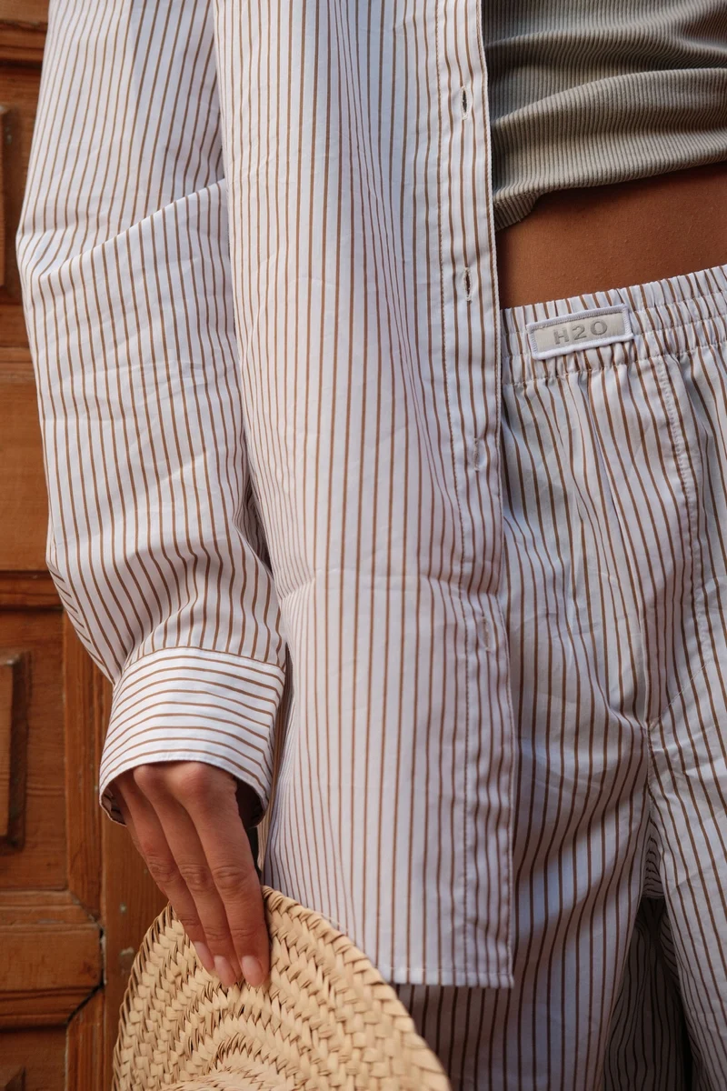 H2O - Rønne Essential Pajamas Shirt L/S 101018-2 - 7043 - White/Brown