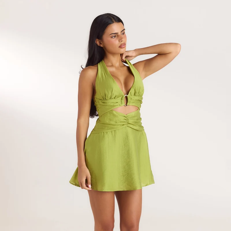 Gerüschtes Tencel Minikleid - Lindgrün