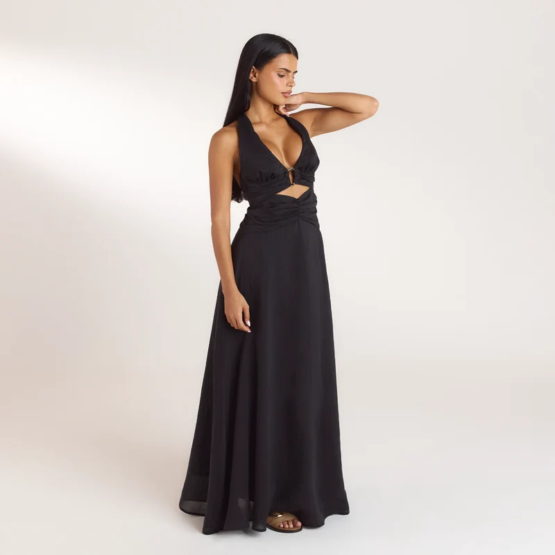 Gerüschtes Tencel Maxikleid - Schwarz