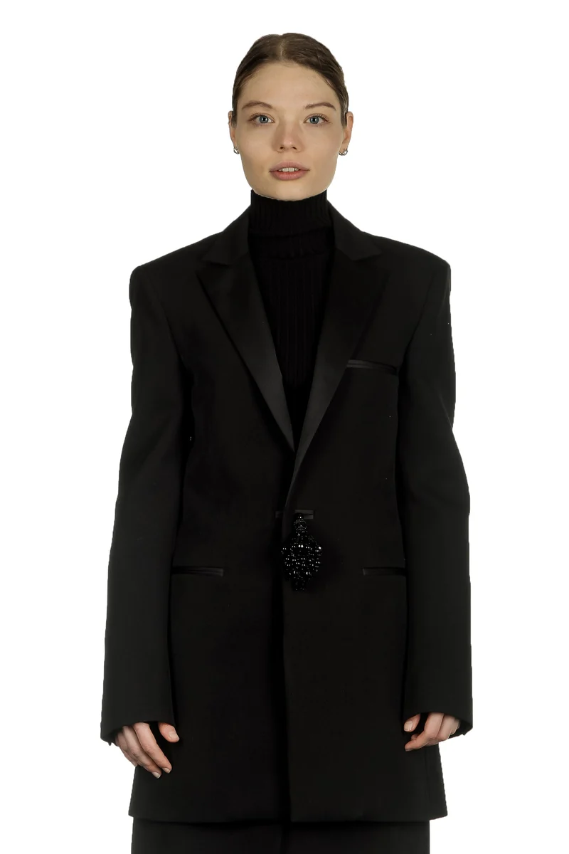 Paco Rabanne Damen Oversized Blazer mit Verzierter Brosche schwarz