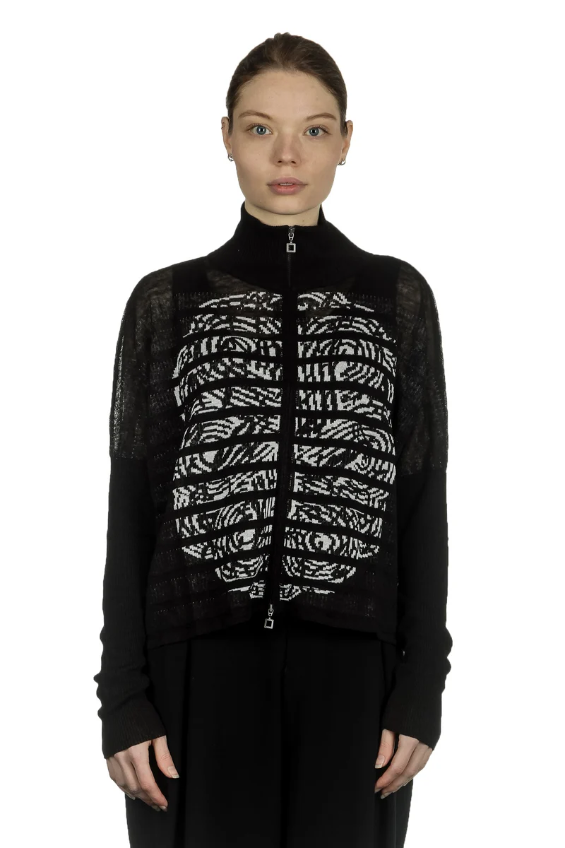 Sarah Pacini Damen Kurze Strickjacke mit Muster schwarz weiß