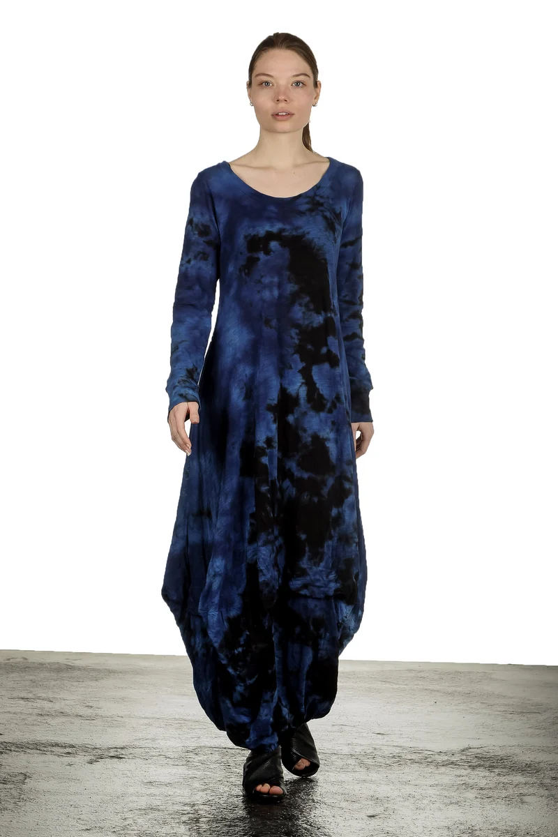 Gilda Midani Damen Ballonkleid lang dunkelblau Print