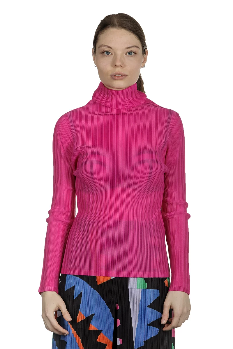 Pleats Please Issey Miyake Plissé Longsleeve Top Stehkragen pink