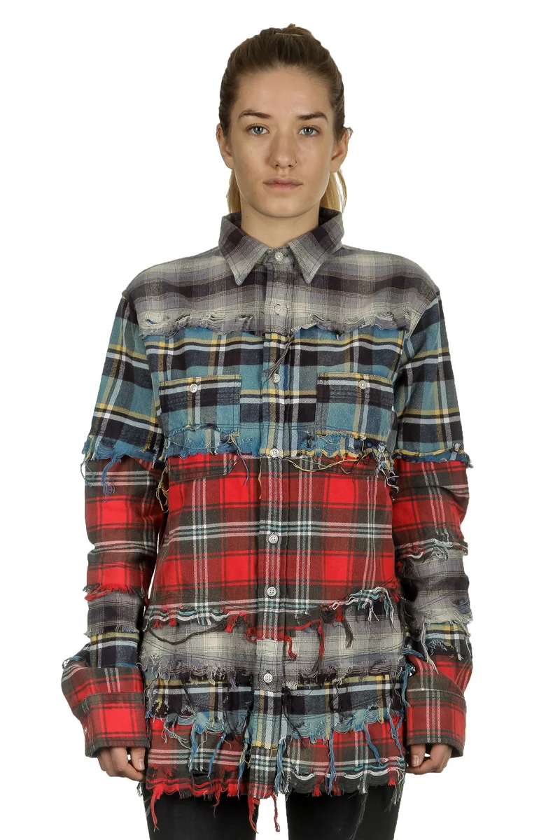 R13 Damen Kariertes Hemd im Distressed-Look mehrfarbig