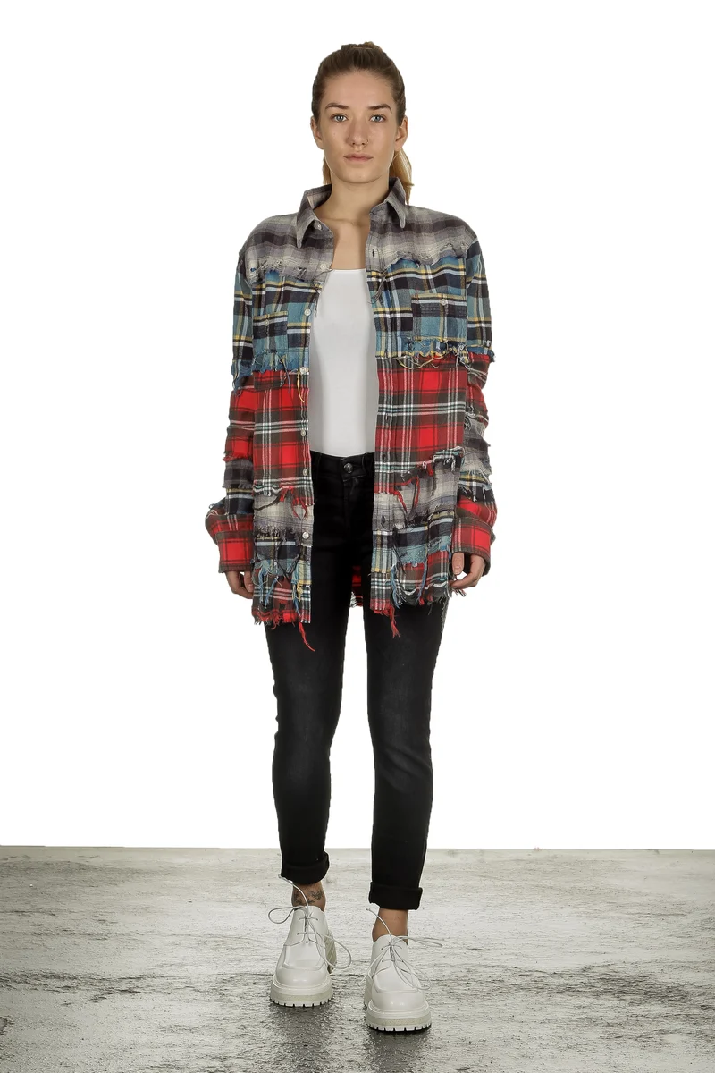 R13 Damen Kariertes Hemd im Distressed-Look mehrfarbig