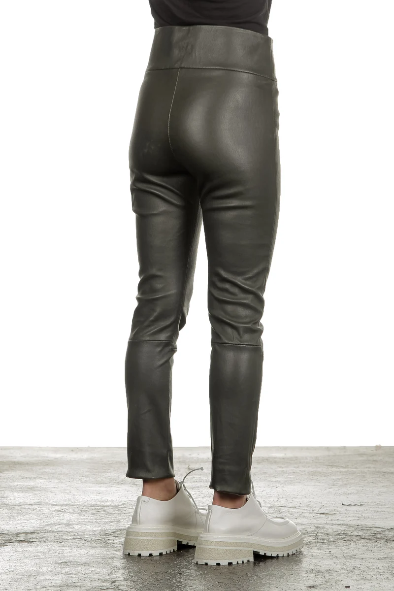 DROMe Damen High-Waist Leder Hose khaki