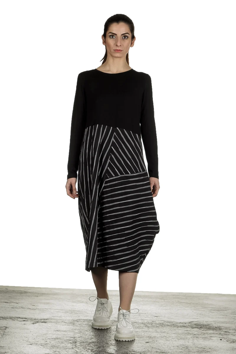 Yukai Damen Kleid Asymetrisch mit Streifen schwarz
