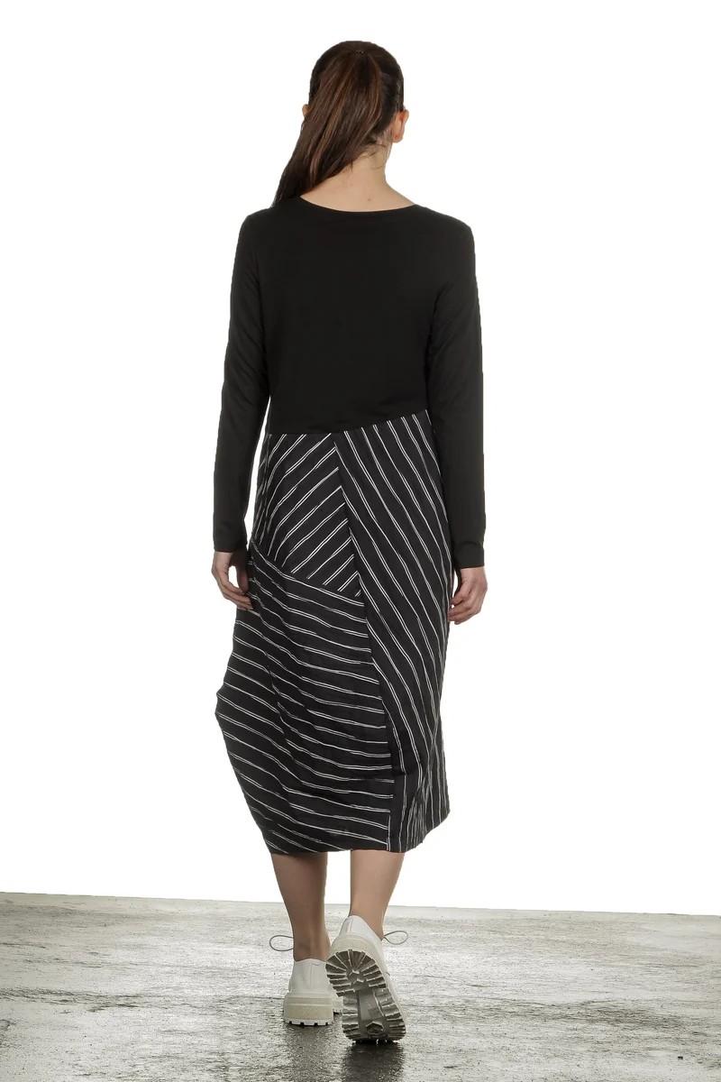 Yukai Damen Kleid Asymetrisch mit Streifen schwarz