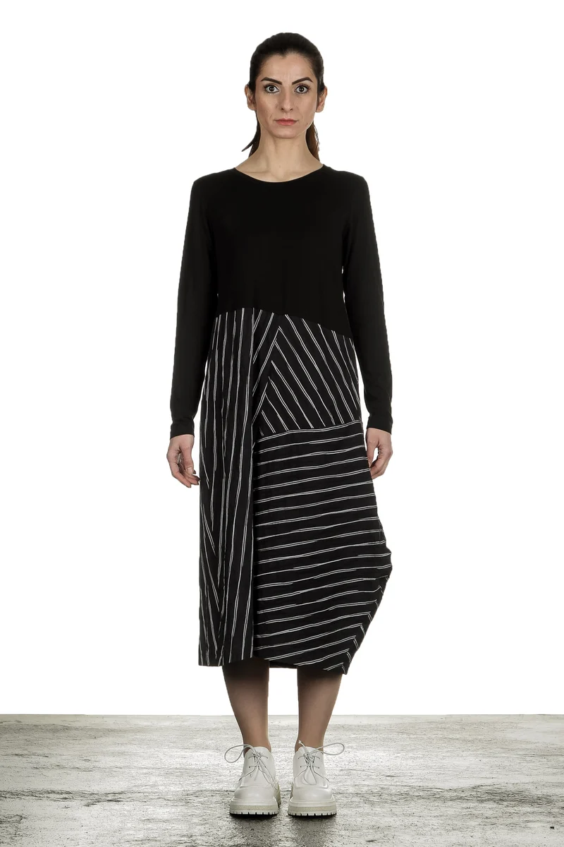 Yukai Damen Kleid Asymetrisch mit Streifen schwarz