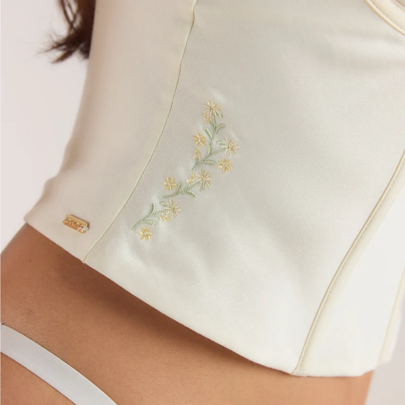 Bestickter Korsett-Top mit Blumenmuster - Buttercreme