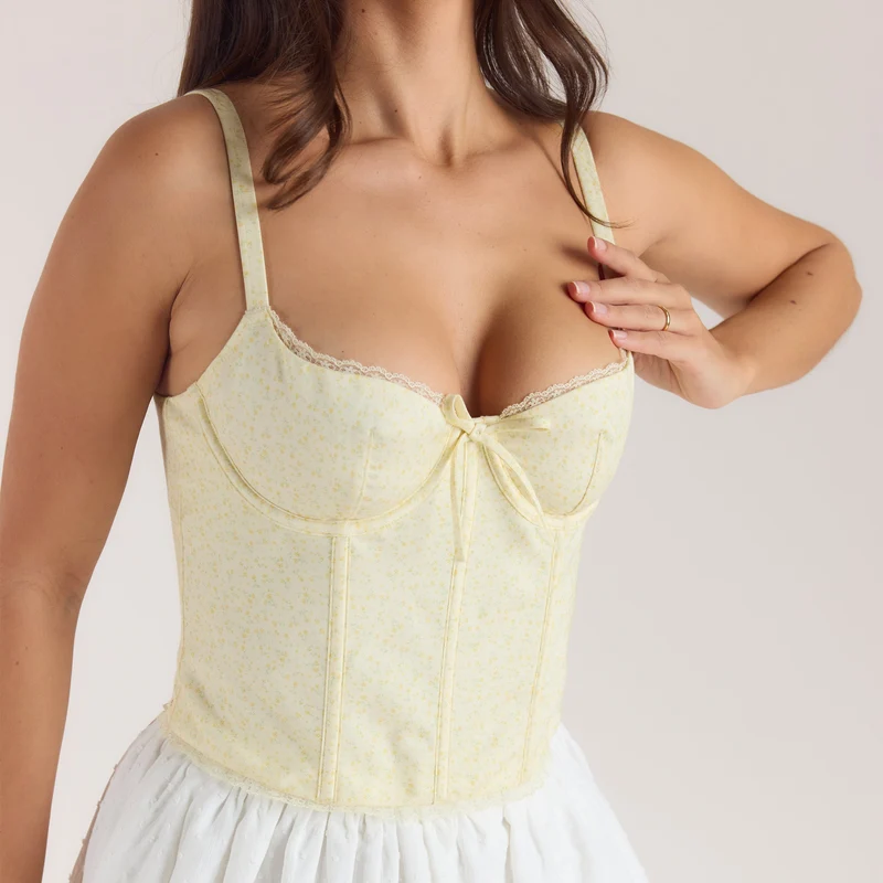 Korsetttop mit Spitzenbesatz - Florales Gelb