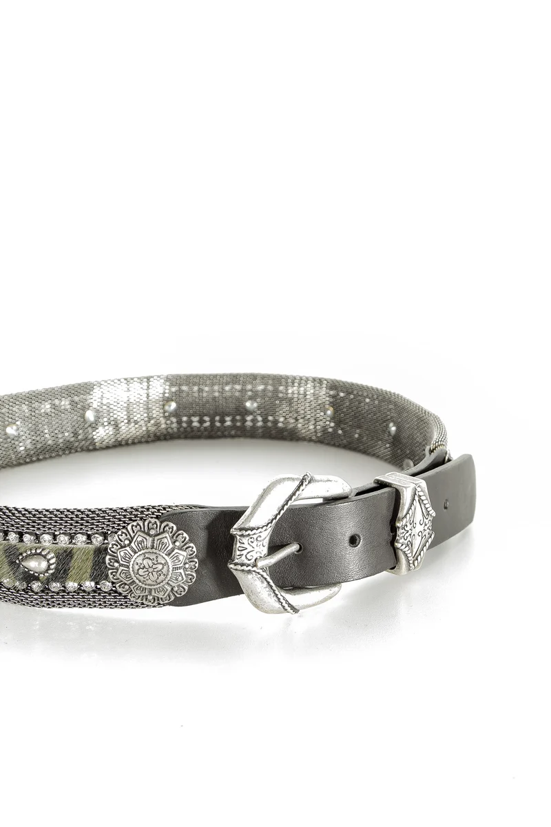 NANNI Gürtel im Metall und Ledermix in silber