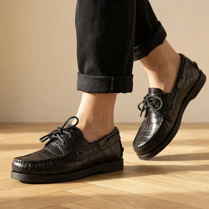 Patrizia Leather Boat Shoes - PATRIZIA / 322 369 - Black Croc