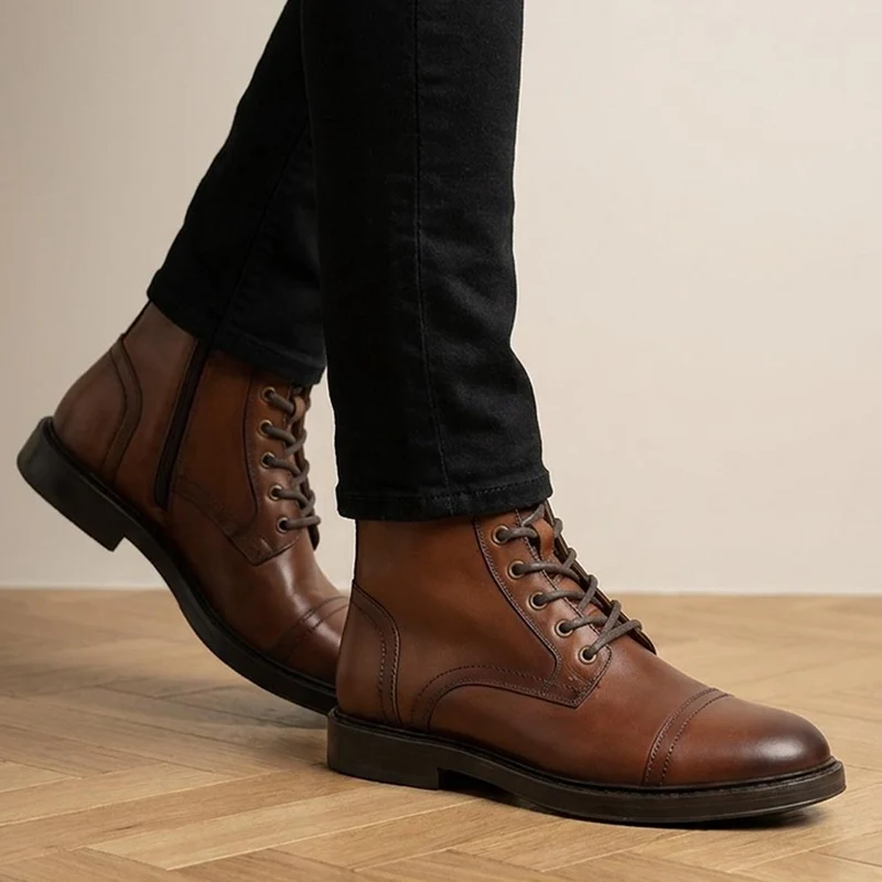 Davide Leather Wide-Fit Military Boots - DAVIDE / 328 077 - Tan Leather
