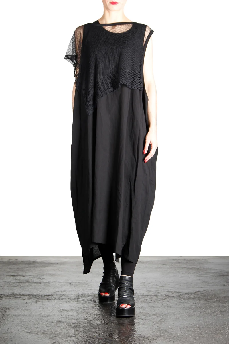 Yohji Yamamoto Damen Kleid Mit Netzapplikation schwarz