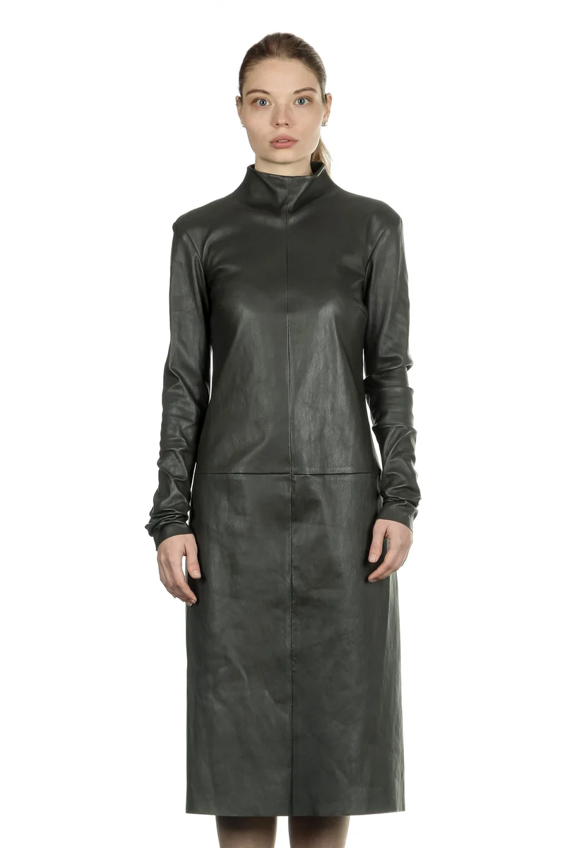 DROMe Damen Leder Kleid Stehkragen khaki