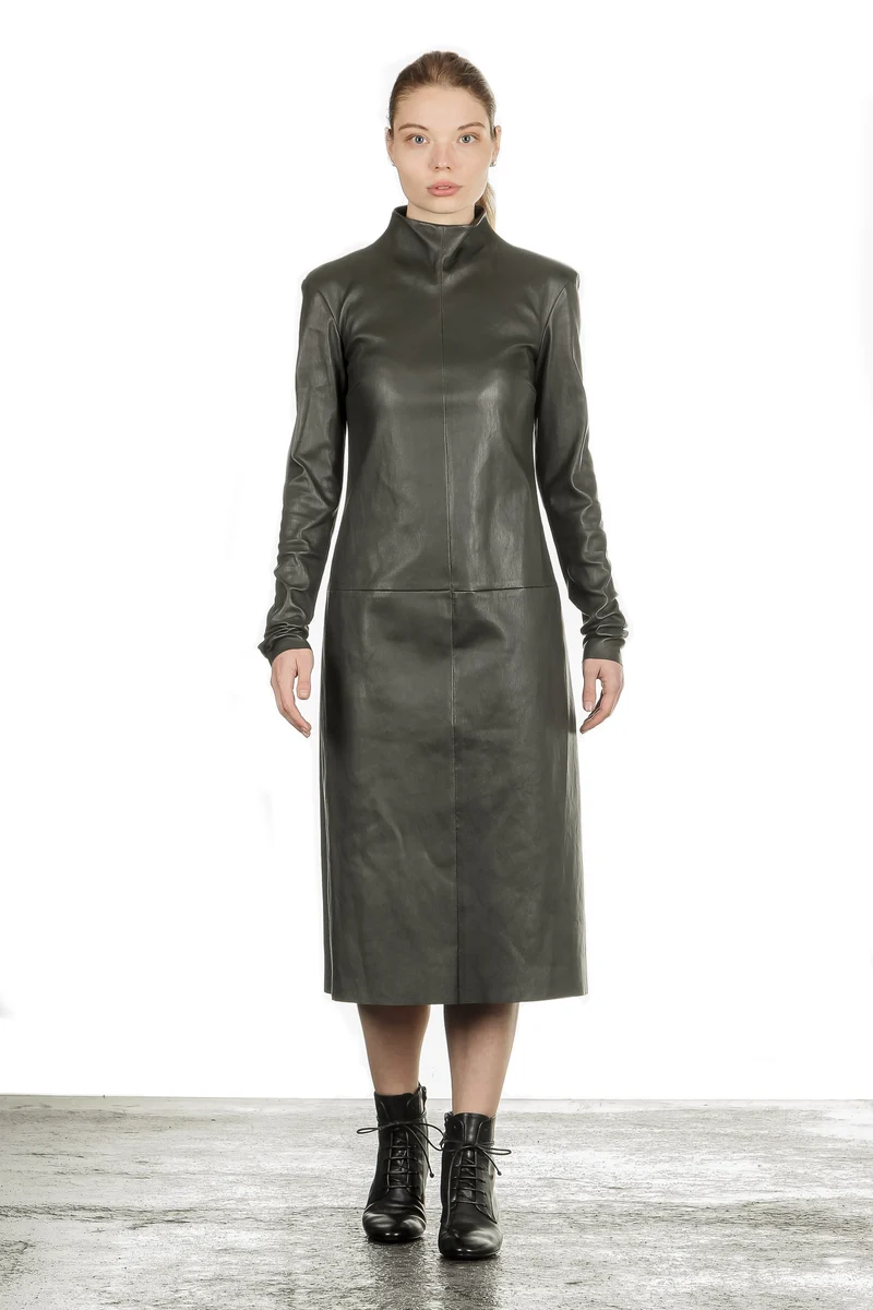 DROMe Damen Leder Kleid Stehkragen khaki