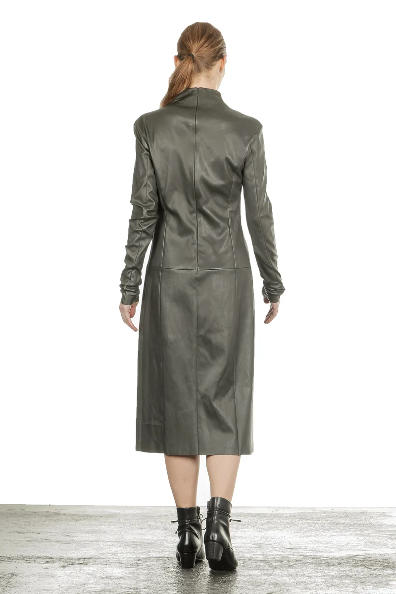 DROMe Damen Leder Kleid Stehkragen khaki