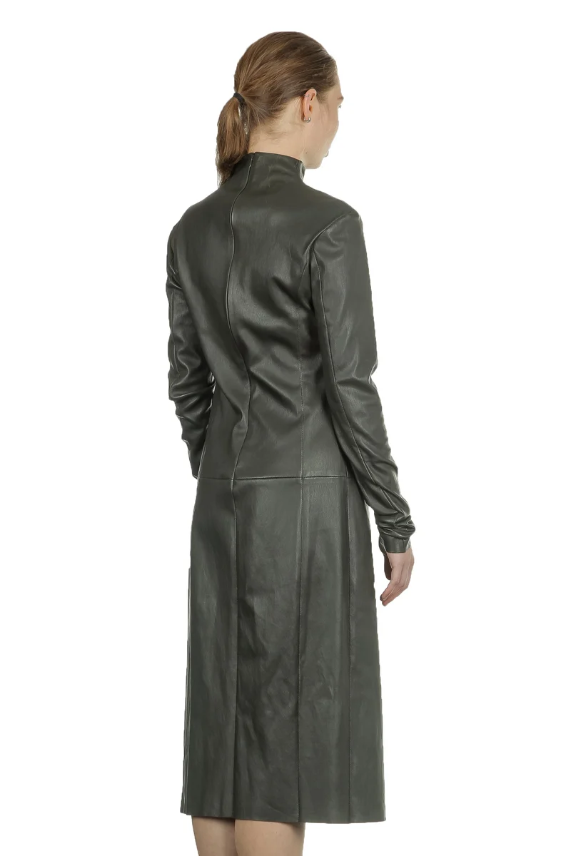 DROMe Damen Leder Kleid Stehkragen khaki