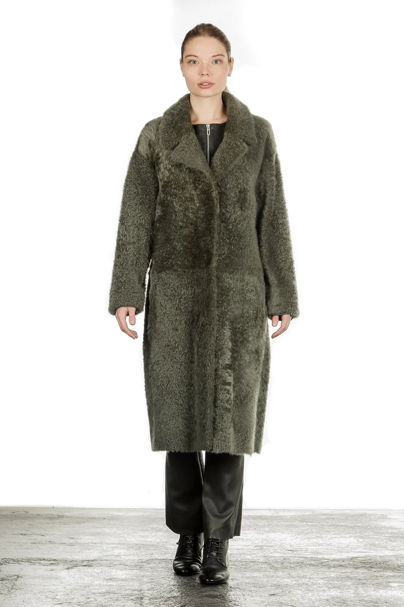 DROMe Damen Lammfell Wende Mantel khaki