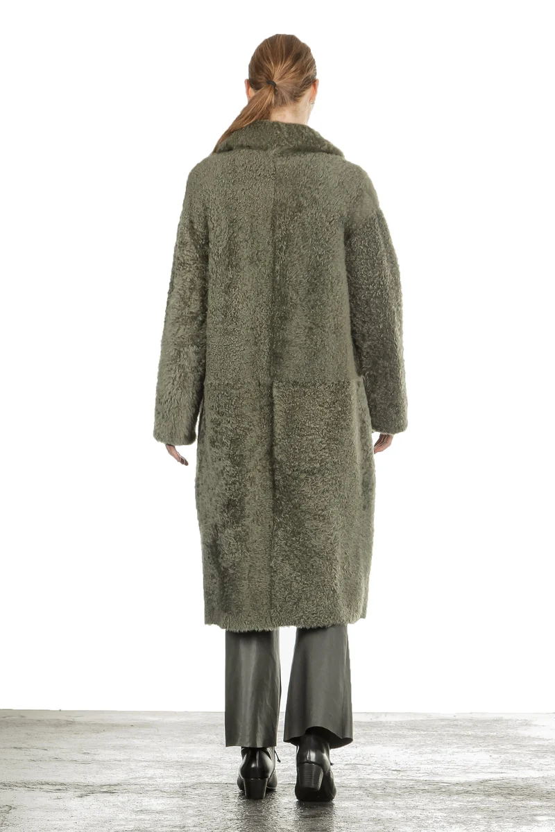 DROMe Damen Lammfell Wende Mantel khaki
