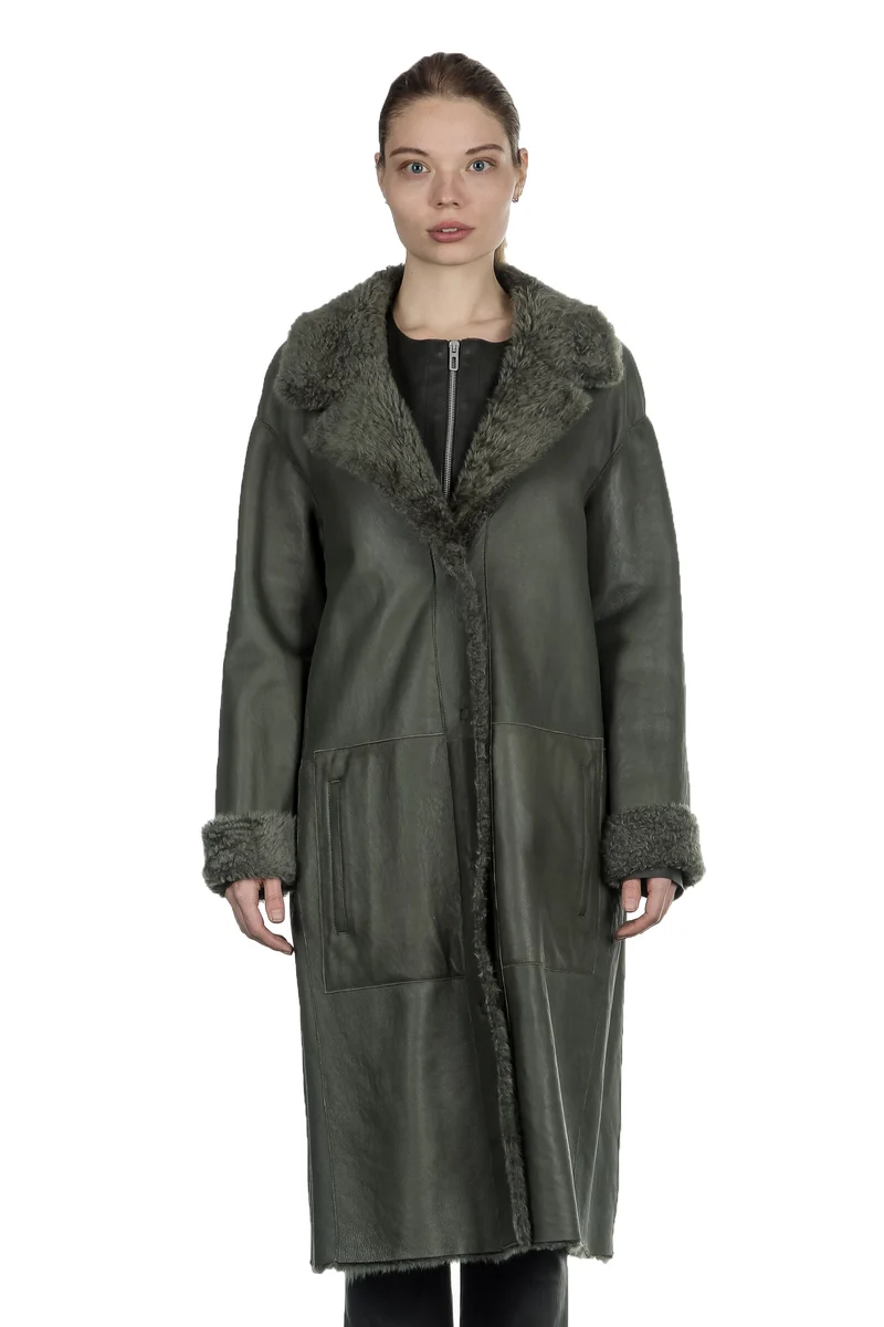 DROMe Damen Lammfell Wende Mantel khaki