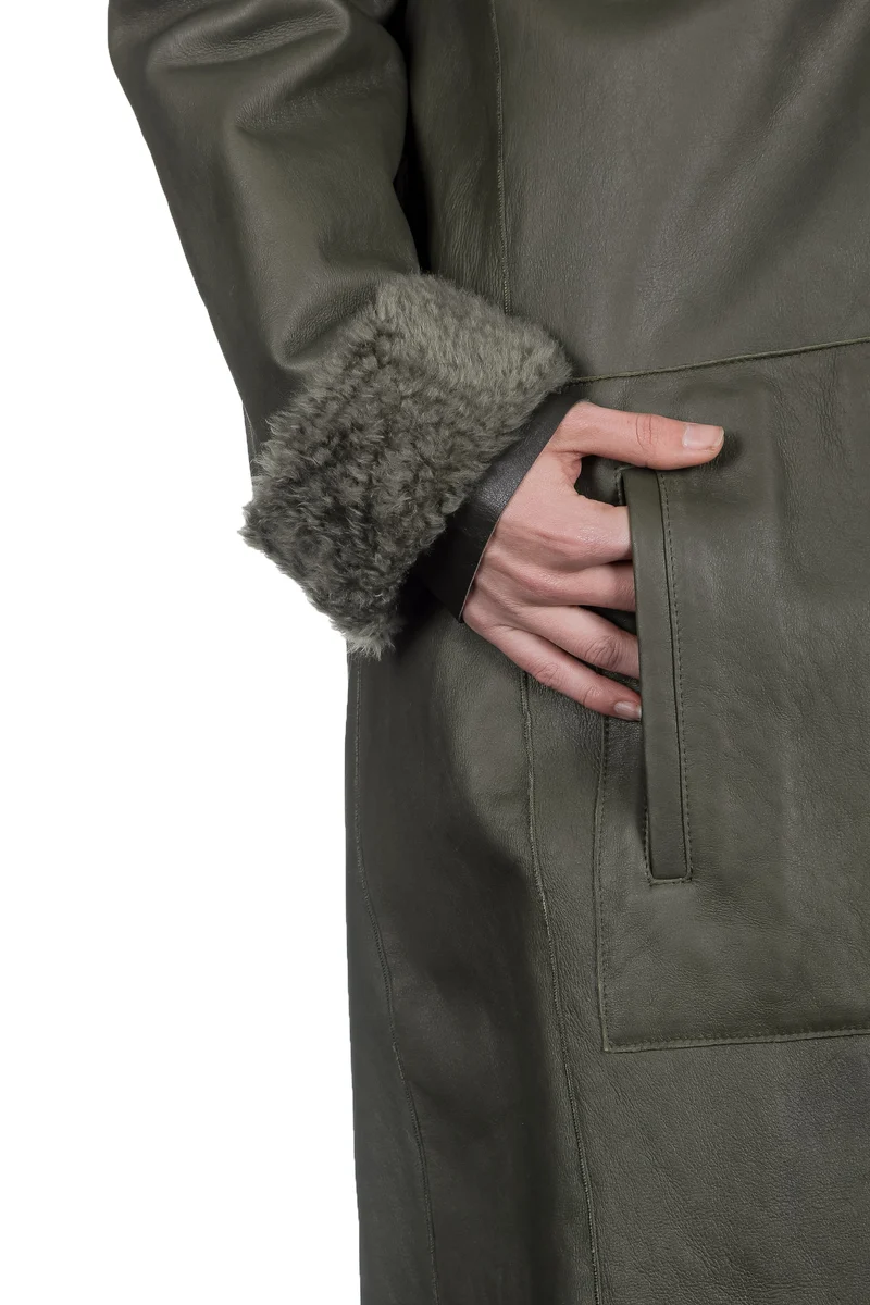 DROMe Damen Lammfell Wende Mantel khaki