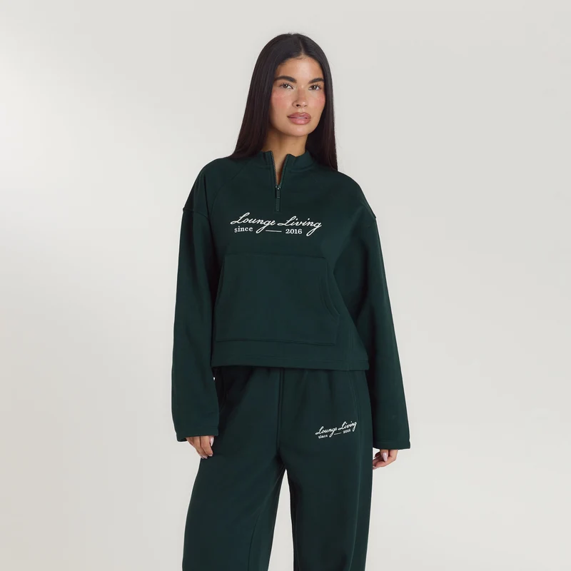 Lounge Living Pullover mit Viertel-Zip - Waldgrün