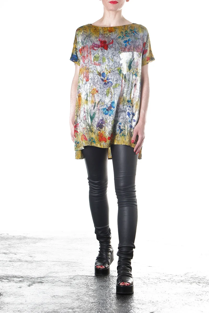Avant Toi Damen T-Shirt Seide Floral gelb
