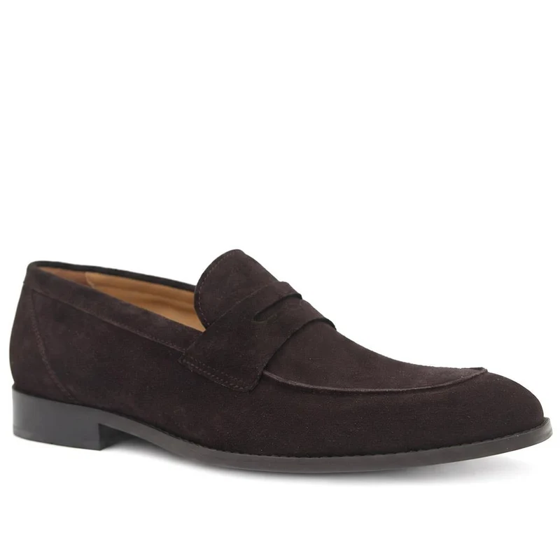 Russell Wide Fit Leather Penny Loafers - RUSSELLWIDE / 329 981 - Dark Brown Suede