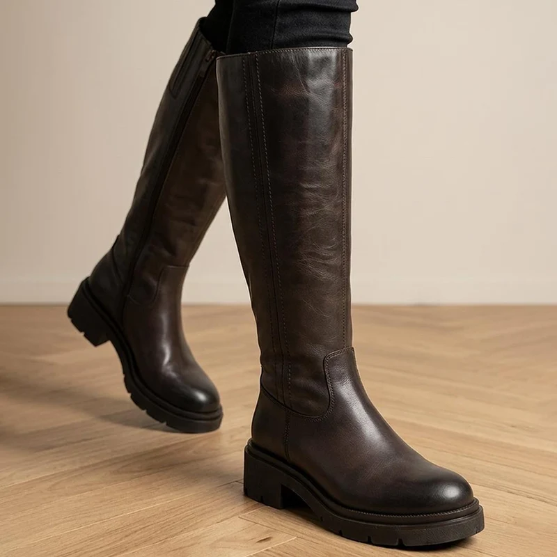 Domino Chunky Leather Long Boots - DOMINO / 328 096 - Brown Leather