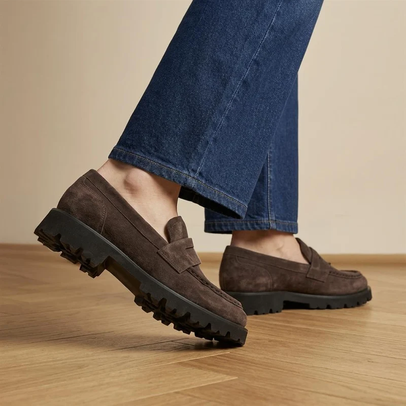 Palmela Chunky Leather Penny Loafers - PALMELA / 330 076 - Chocolate Suede