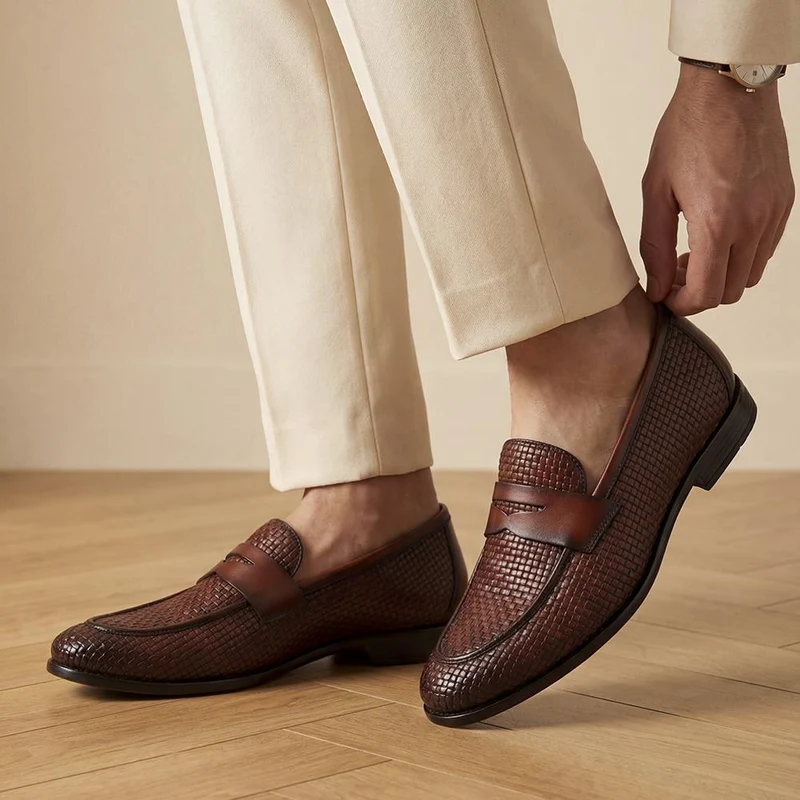 Rogelio Smart Leather Woven Penny Loafers - ROGELIO / 328 855 - Tan