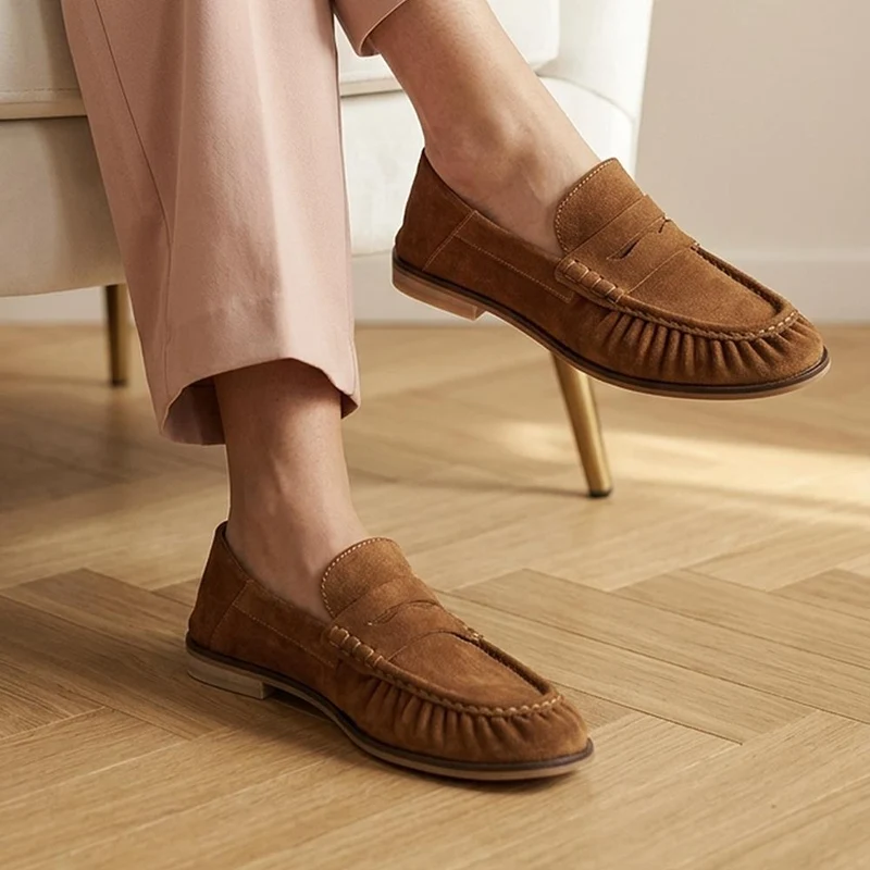 Petunia Leather Flared Heel Penny Loafers - PETUNIA / 328 898 - Cognac Suede
