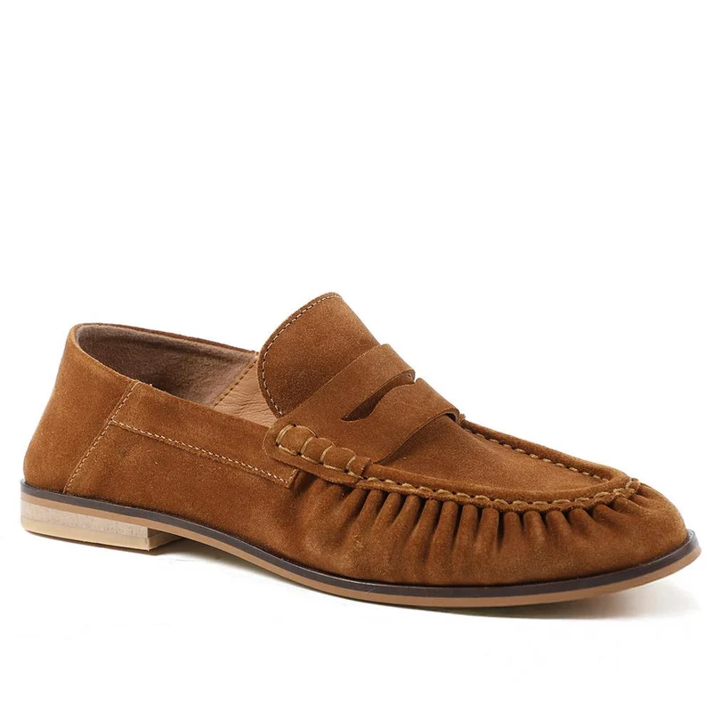 Petunia Leather Flared Heel Penny Loafers - PETUNIA / 328 898 - Cognac Suede