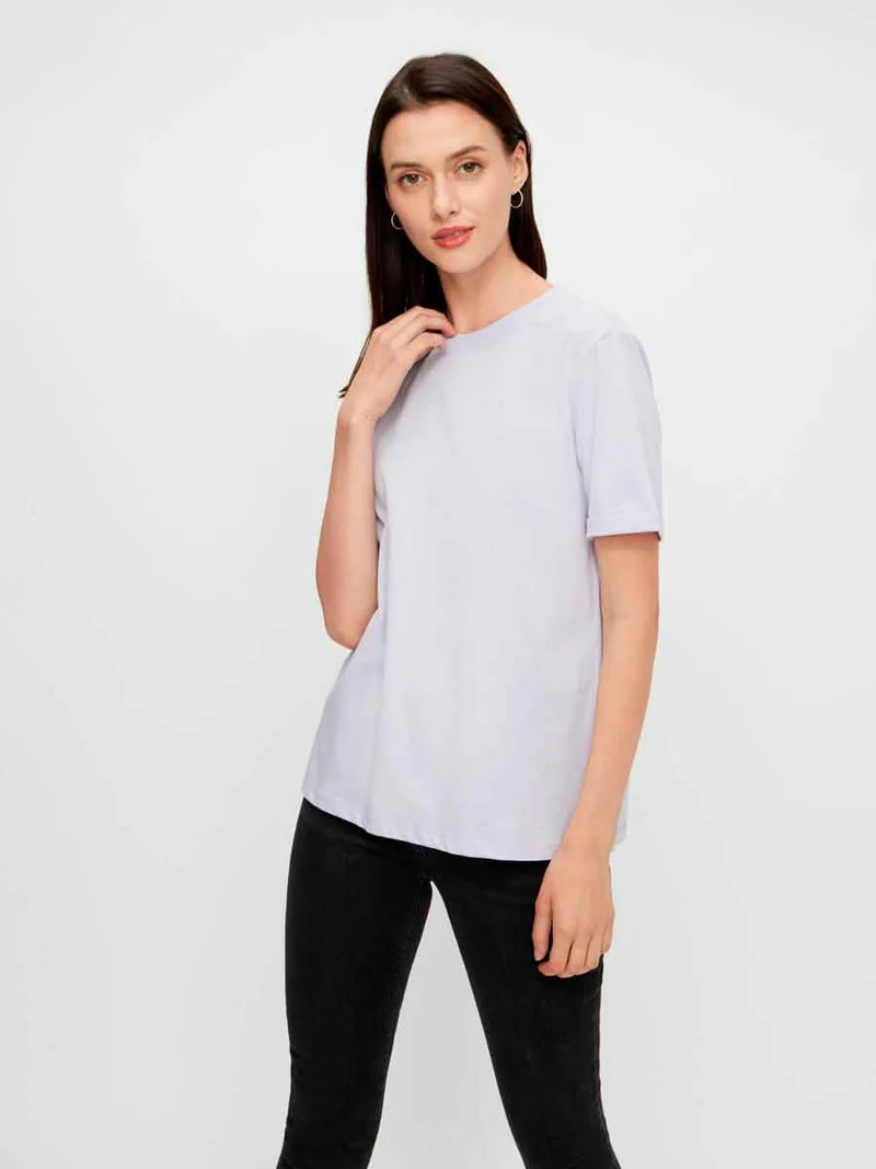 Pieces - PcRia SS Fold Up Solid Tee - Bright white