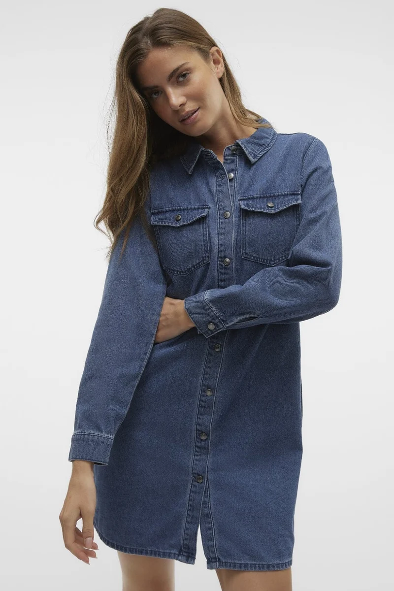 Vero Moda - Vmjennie Ls Short Denim Dress Mix - 4536351 Medium Blue Denim