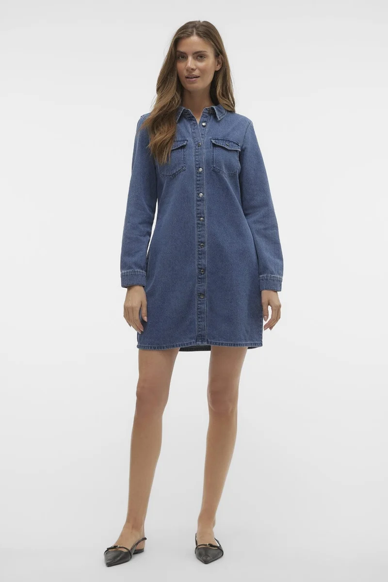 Vero Moda - Vmjennie Ls Short Denim Dress Mix - 4536351 Medium Blue Denim