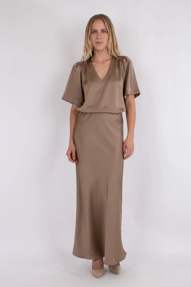 Neo Noir - Vicky Heavy Sateen Skirt - Dark Taupe