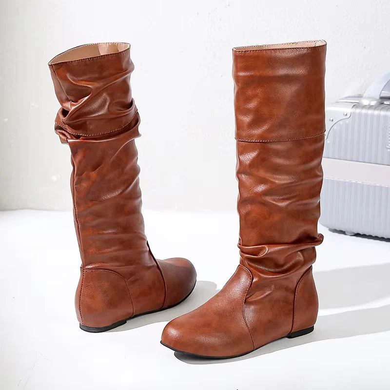 Damen Langschaftstiefel mit Raffung und niedrigem Absatz Elvarenne