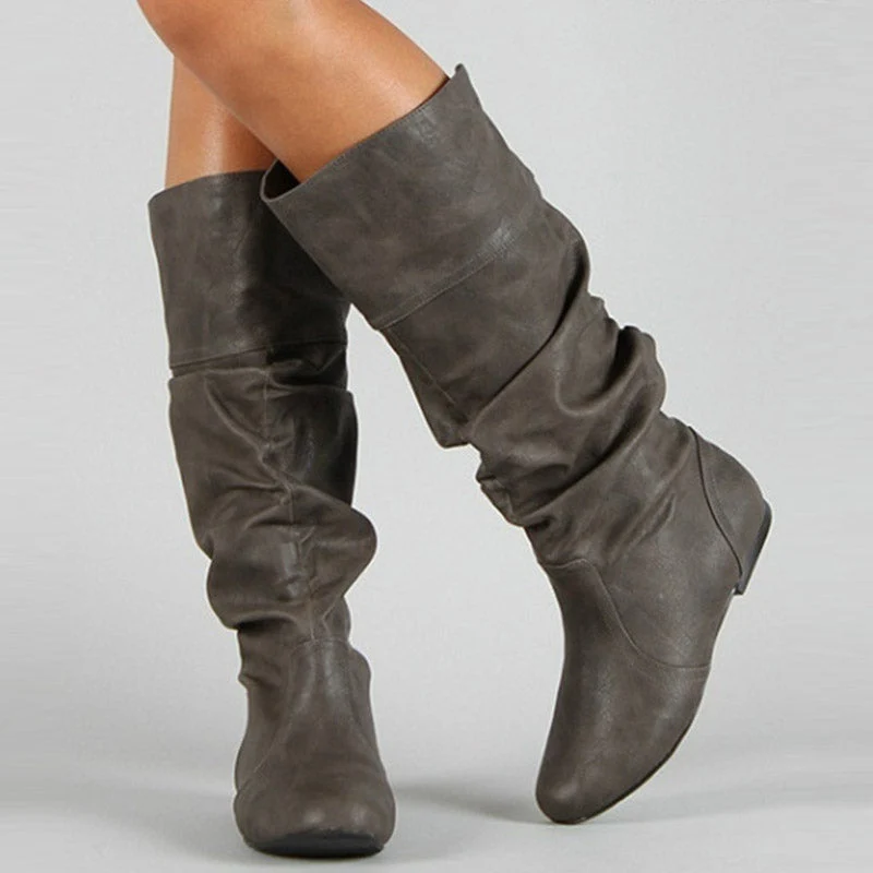 Damen Langschaftstiefel mit Raffung und niedrigem Absatz Elvarenne