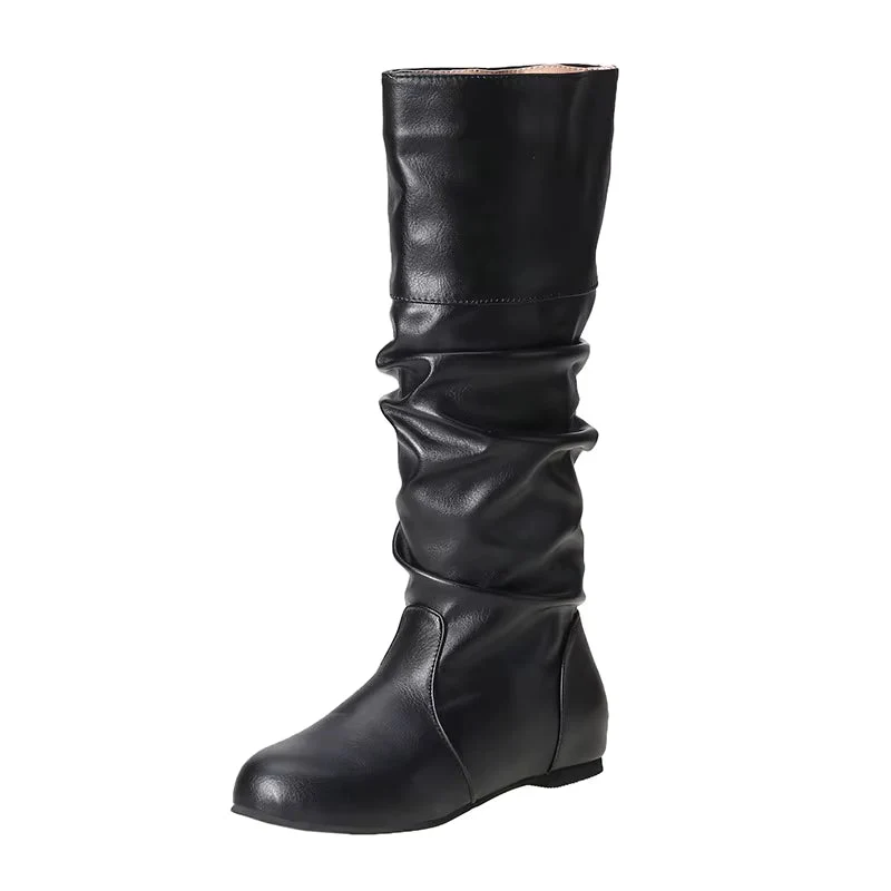 Damen Langschaftstiefel mit Raffung und niedrigem Absatz Elvarenne