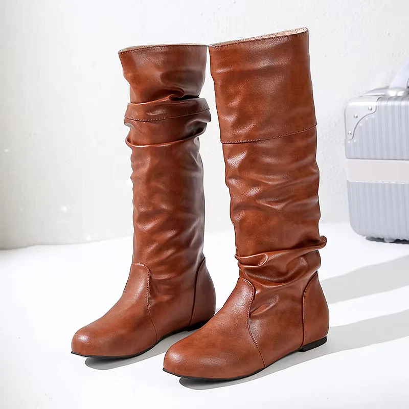 Damen Langschaftstiefel mit Raffung und niedrigem Absatz Elvarenne