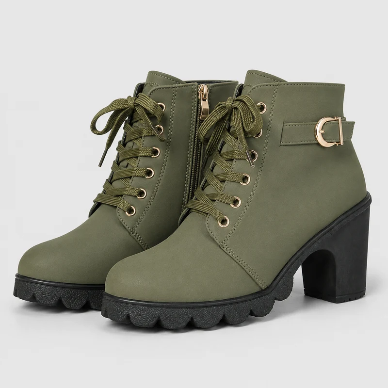 Damen Ankle Boots mit Blockabsatz, Schnürung und Reißverschluss Ravellia