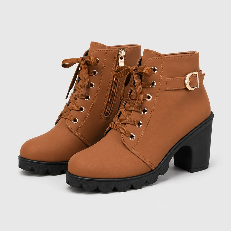 Damen Ankle Boots mit Blockabsatz, Schnürung und Reißverschluss Ravellia
