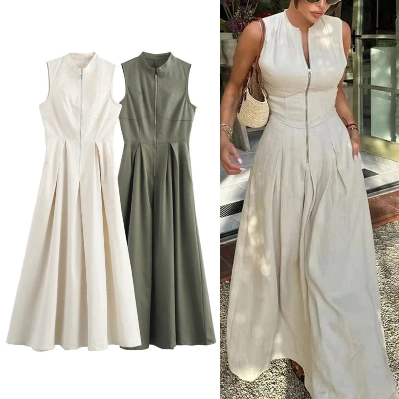 Damen Ärmelloses Midikleid mit Plisseefalten und Reißverschluss – Elanora