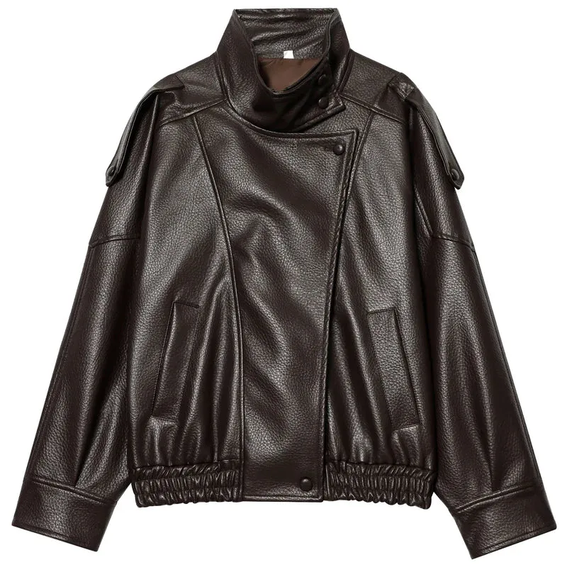 Damen Cropped Bomberjacke in Kunstleder-Optik mit Reißverschluss – Valenna